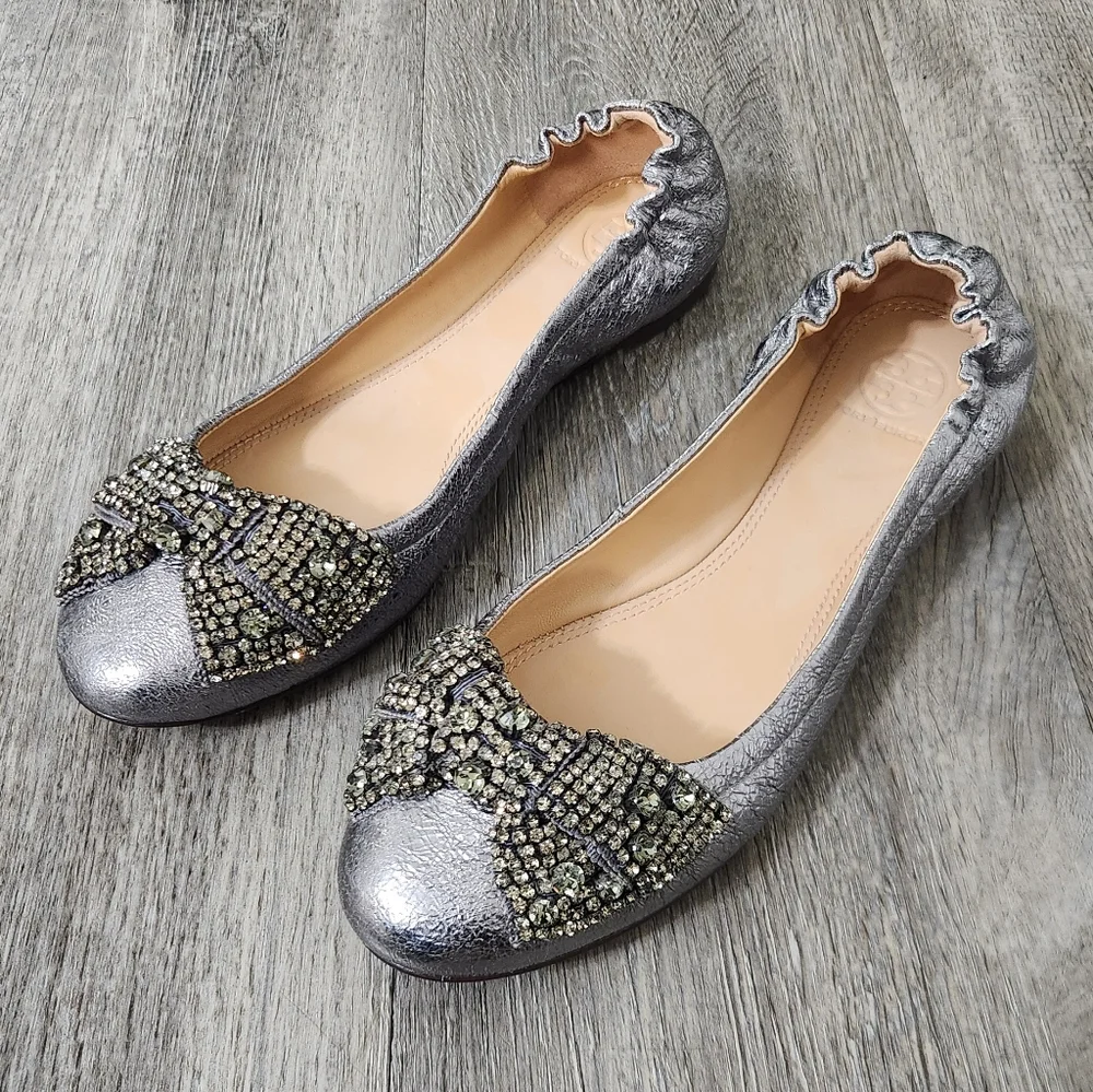 Tory Burch Mettalic Eddie Ballet Flats‎ With Crystal Bow